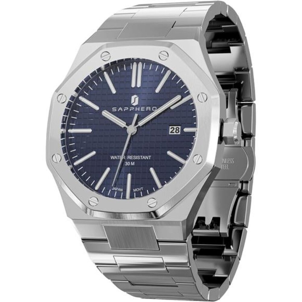 Men's Watch Octagonal Stainless Steel 30M Waterproof Luminous Silver Blue